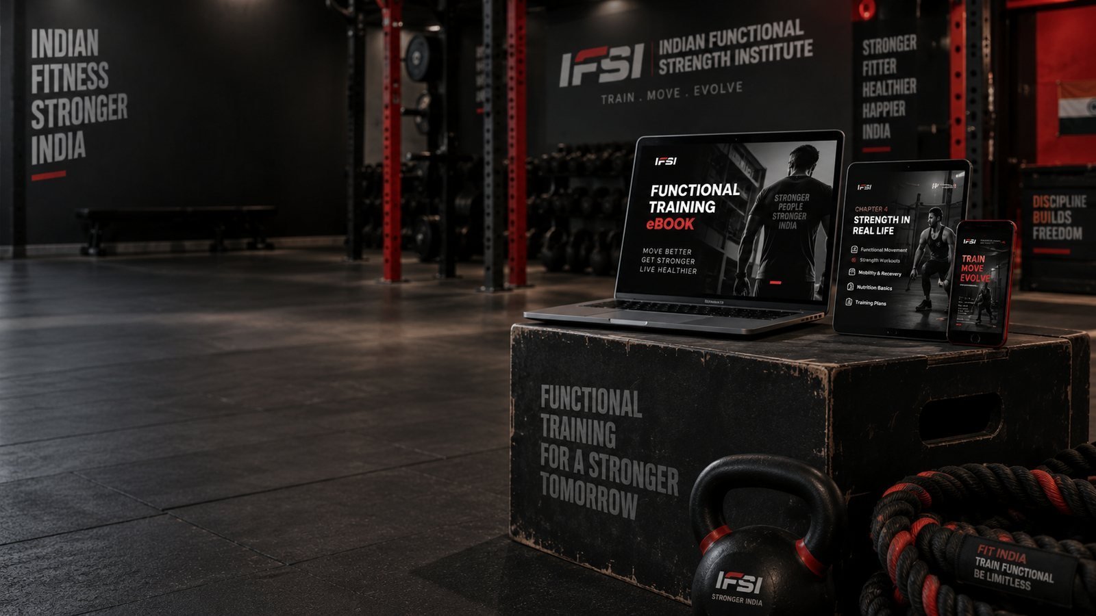The functional training eBook shown on a laptop, tablet and phone on a plyo box in a gym
