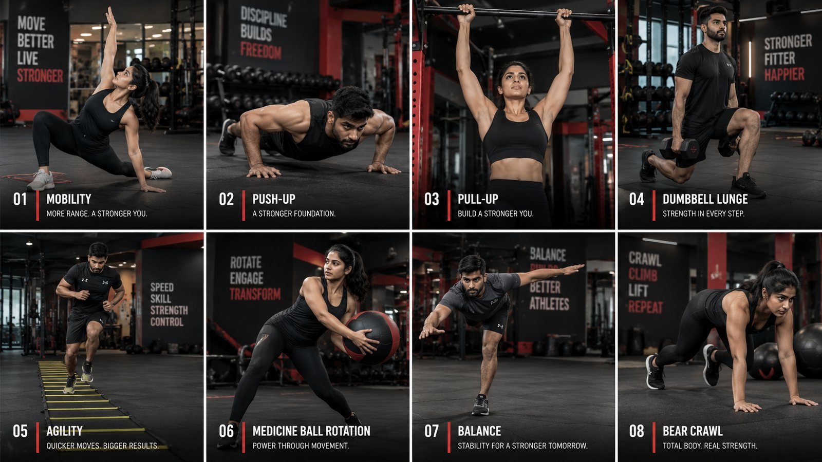 Eight functional exercises: mobility, push-up, pull-up, dumbbell lunge, agility, medicine ball rotation, balance and bear crawl