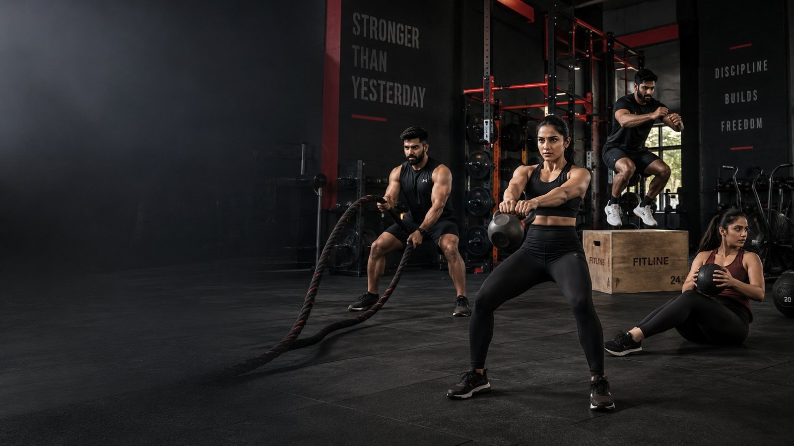 Trainers doing battle ropes, kettlebell swings, box jumps and medicine ball work