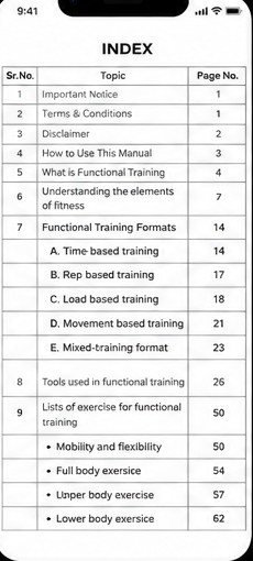 Handbook index page listing chapters and page numbers