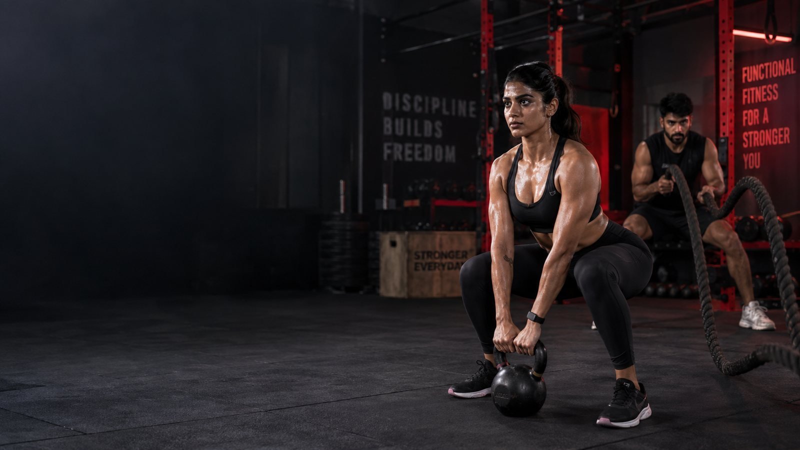 Woman performing a kettlebell deadlift in a functional training gym
